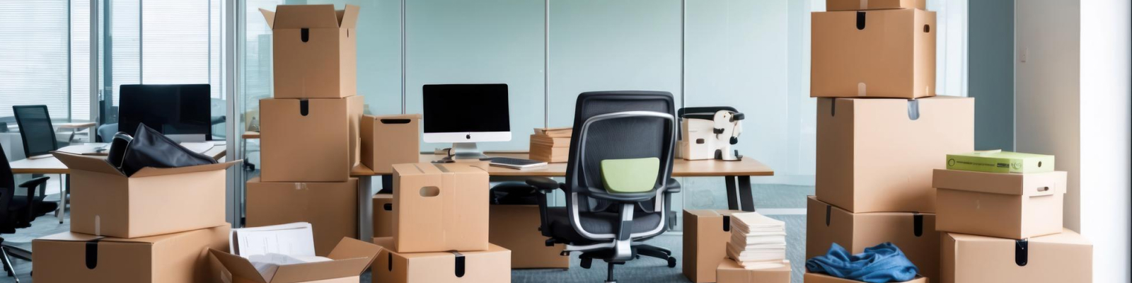 Office desk and chairs surrounded by cardboard boxes