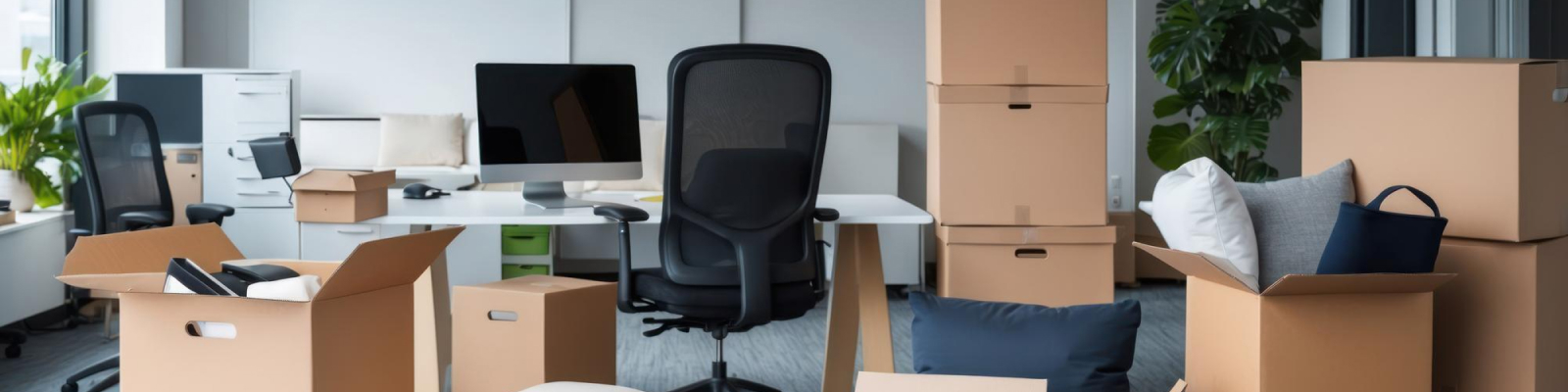 Office desk with chairs and boxes ready for an office move