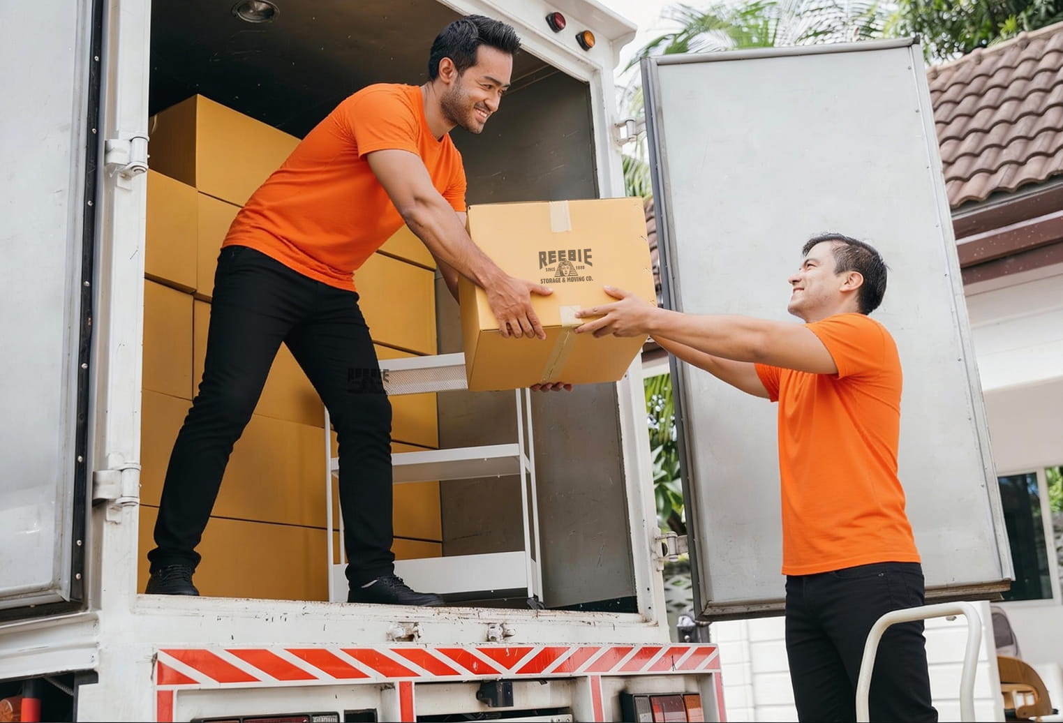 Two movers handing a Reebie box between a truck and the ground
